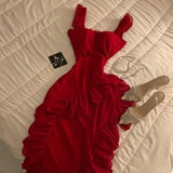 Modest A Line Straps Sleeveless Red Chiffon Ruffles Long Prom Dresses Evening Dress HZ1024
