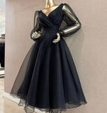 Modest A Line V Neckline Long Sleeves Black Tulle Prom Dresses Evening Dress HZ1024