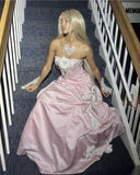 Vintage Ball Gown Strapless Satin Long Prom Dresses Evening Dress With Flowers HZ1024