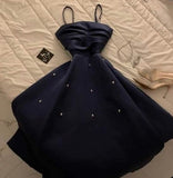 Modest A Line Spaghetti Straps Sleeveless Black Satin Ruffles Long Prom Dresses Evening Dress HZ1024
