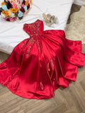 Modest A Line Strapless Sleeveless Red Satin Ruffles Beads Long Prom Dresses Evening Dress HZ1024