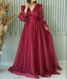 Modest A Line V Neckline Long Sleeves Hot Pink Tulle Long Prom Dresses Evening Dress HZ1024