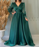 Modest A Line V Neckline Long Sleeves Hot Pink Tulle Long Prom Dresses Evening Dress HZ1024