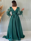 Modest A Line V Neckline Long Sleeves Hot Pink Tulle Long Prom Dresses Evening Dress HZ1024