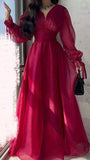 Modest A Line V Neckline Long Sleeves Hot Pink Tulle Long Prom Dresses Evening Dress HZ1024