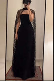Vintage A Line Strapless Black Tulle Long Prom Dresses With Cape Evening Dress HZ1024