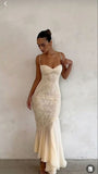 Vintage Mermaid Spaghetti Straps Ivory Lace Floor Length Prom Dresses Chiffon Evening Dress HZ1024