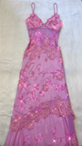 Vintage A Line Spaghetti Straps Pink Lace Floor Length Prom Dresses Beads Evening Dress HZ1024