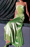 Vintage A line Strapless Satin Long Mint Green Prom Dresses Evening Dress With Fold HZ1024