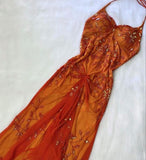Vintage A Line Halter Long Prom Dresses Orange Evening Dress With Beads HZ1024