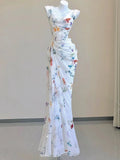 Vintage Sheath Square Neckline Long Prom Dresses White Floral Evening Dress With Ruffles HZ1024