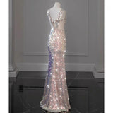 2025 New Elegant Mermaid Straps Sleeveless Bow-knot Sequin Long Prom Dresses HZ1024