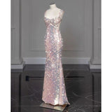 2025 New Elegant Mermaid Straps Sleeveless Bow-knot Sequin Long Prom Dresses HZ1024