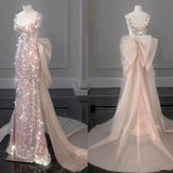 2025 New Elegant Mermaid Straps Sleeveless Bow-knot Sequin Long Prom Dresses HZ1024