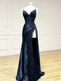 Dark Blue V Neck Satin Lace Long Prom Dress, Dark Blue Lace Long Evening Dress HZ1024