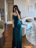 Mermaid Green Satin Long Prom Dresses Slit Evening Dress HZ1024