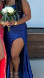 Pretty Mermaid Spaghetti Straps Royal Blue Satin Slit Long Party Dress Prom Dress HZ1024
