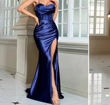 Pretty Mermaid Spaghetti Straps Royal Blue Satin Slit Long Party Dress Prom Dress HZ1024