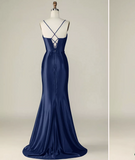 Pretty Mermaid Spaghetti Straps Royal Blue Satin Slit Long Party Dress Prom Dress HZ1024