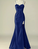 Pretty Mermaid Spaghetti Straps Royal Blue Satin Slit Long Party Dress Prom Dress HZ1024