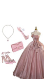 Elegant Ball Gown Strapless Pink Organza Long Prom Dresses Evening Dress HZ1024