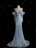 Elegant Sheath Off The Shoulder Sequin Blue Long Prom Dresses Sequin Party Dress HZ1024