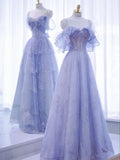 Elegant A Line Strapless Lilac Tulle Long Prom Dresses Evening Dress HZ1024