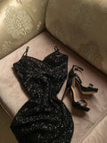 18th Birthday Sheath Spaghetti Straps Black Sequin Homecoming Dresses Party Dress HZ1024