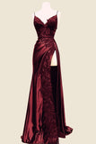 Elegant Mermaid Spaghetti Straps Burgundy Satin Long Prom Dresses Beads Party Dress HZ1024