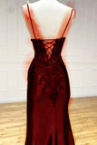 Elegant Mermaid Spaghetti Straps Burgundy Satin Long Prom Dresses Beads Party Dress HZ1024