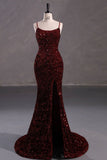 Elegant Mermaid Spaghetti Straps Burgundy Sequin Backless Long Prom Dresses Party Dress HZ1024