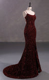 Elegant Mermaid Spaghetti Straps Burgundy Sequin Backless Long Prom Dresses Party Dress HZ1024