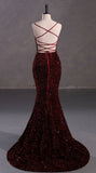 Elegant Mermaid Spaghetti Straps Burgundy Sequin Backless Long Prom Dresses Party Dress HZ1024