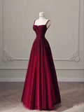 Elegant A Line Straps Burgundy Tulle Satin Long Prom Dresses Evening Dress HZ1024