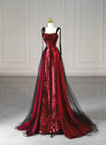 Sheath Sequins with Black Tulle Straps Long Party Dress, Sequins Prom Dress HZ1024