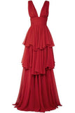 Elegant A Line V Neckline Chiffon Red Long Prom Dresses Evening Dress HZ1024