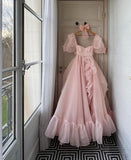 Elegant A Line Square Neckline Blush Pink Ruffles Organza Long Prom Dresses Party Dress HZ1024