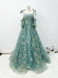 Classy Ball Gown Spaghetti Straps Green Tulle Long Prom Dresses Evening Dress HZ1024