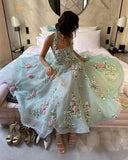 Halter Neck Flowers Embroidered Chiffon Prom Dress Green Party Dresses HZ1024