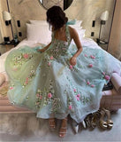 Halter Neck Flowers Embroidered Chiffon Prom Dress Green Party Dresses HZ1024