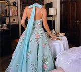 Classy Ball Gown Halter Light Blue Tulle Lace Prom Dresses Evening Dress HZ1024