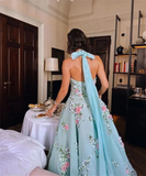 Classy Ball Gown Halter Light Blue Tulle Lace Prom Dresses Evening Dress HZ1024