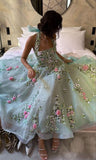 Halter Neck Flowers Embroidered Chiffon Prom Dress Green Party Dresses HZ1024