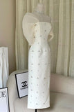 Classy Sheath Strapless White Satin Beads Prom Dresses Evening Dress HZ1024