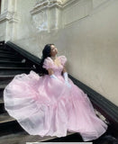 Elegant A Line Square Neckline Blush Pink Ruffles Long Prom Dresses Party Dress HZ1024
