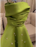 Classy A Line Spaghetti Straps Bud Green Satin Beads Prom Dresses Evening Dress HZ1024