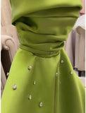 Classy A Line Spaghetti Straps Bud Green Satin Beads Prom Dresses Evening Dress HZ1024