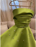 Classy A Line Spaghetti Straps Bud Green Satin Beads Prom Dresses Evening Dress HZ1024