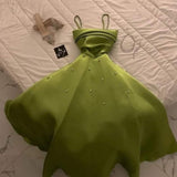 Classy A Line Spaghetti Straps Bud Green Satin Beads Prom Dresses Evening Dress HZ1024