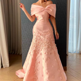 Elegant Mermaid Off The Shoulder Satin Pink Appliques Long Prom Dresses Party Dress HZ1024